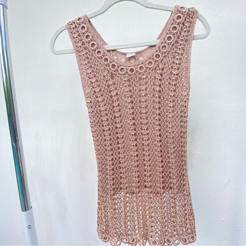 Y2K Euro Tan Beaded Crochet Top Size S/M